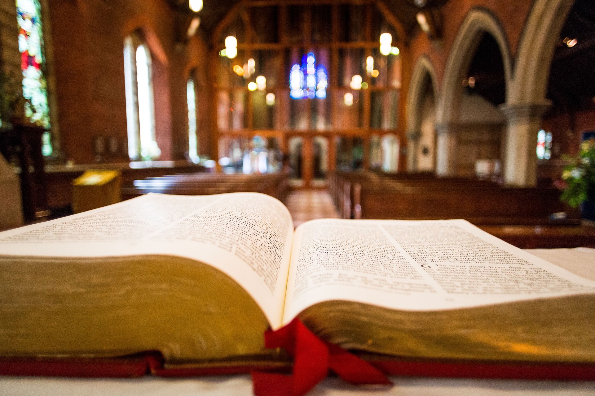 Close up of open bible on altar of Anglican church